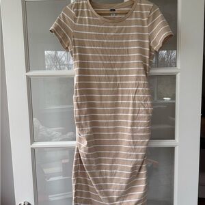 Maternity Striped Tan and White Dress